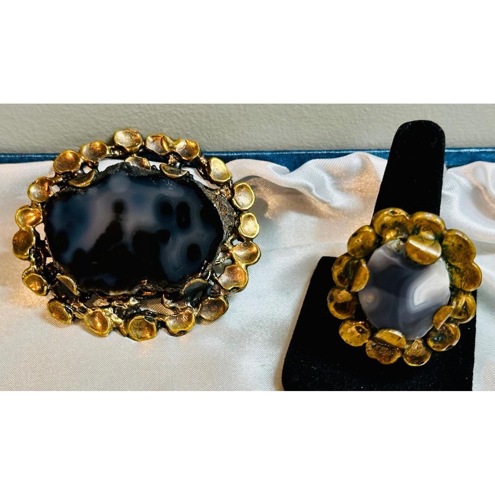 Vtg Pentti Sarpaneva Finland Brutalist Bronze Sliced Agate Brooch Pendant & Ring